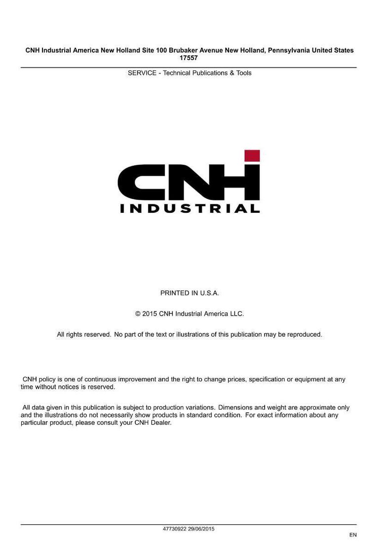 May include: A white document with the CNH Industrial logo in black and red. Text includes the company address in Pennsylvania, USA, and copyright information from 2015. The document is a technical publication.