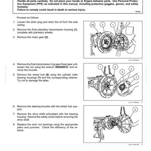 May include: Diagram of a front axle system's final drive disassembly. The image includes numbered diagrams of mechanical components, with labels and instructions. A warning at the top advises caution and the use of personal protective equipment.