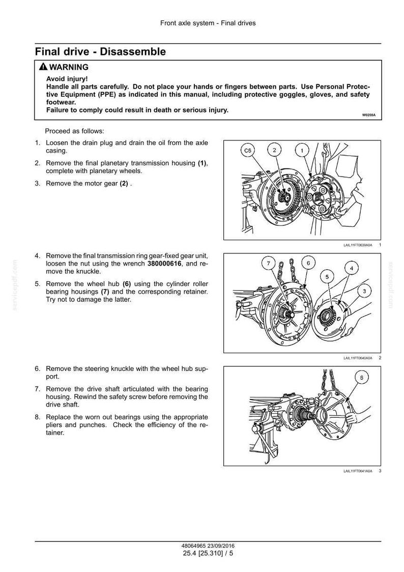 May include: Diagram of a front axle system's final drive disassembly. The image includes numbered diagrams of mechanical components, with labels and instructions. A warning at the top advises caution and the use of personal protective equipment.