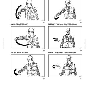 Op de afbeelding: Een technische documentpagina getiteld SECTION 3 - SAFETY/DECALS/HANDS SIGNALS met zes zwart-wit lijntekeningen van een persoon met een helm en vest die handsignalen voor graafmachinebediening demonstreert, genummerd 42 tot en met 47.