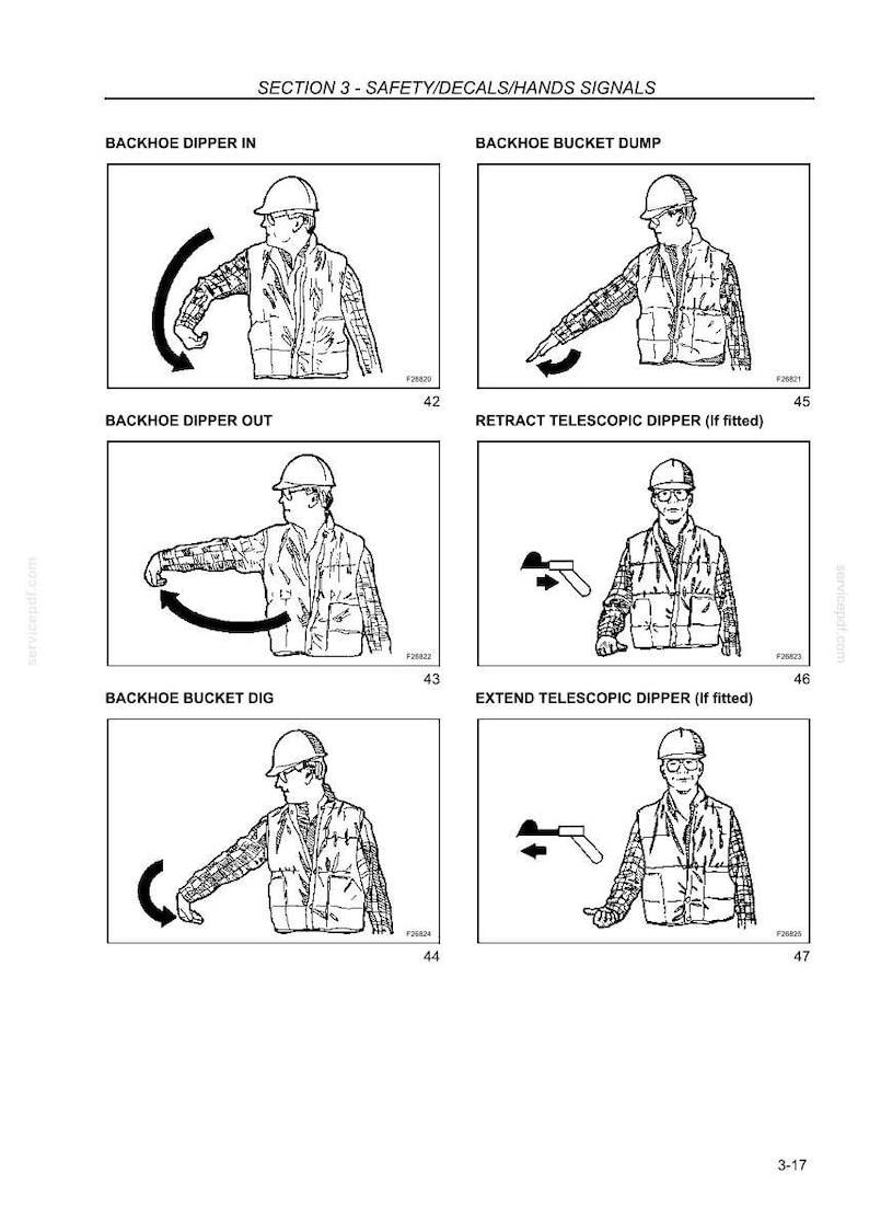 Op de afbeelding: Een technische documentpagina getiteld SECTION 3 - SAFETY/DECALS/HANDS SIGNALS met zes zwart-wit lijntekeningen van een persoon met een helm en vest die handsignalen voor graafmachinebediening demonstreert, genummerd 42 tot en met 47.