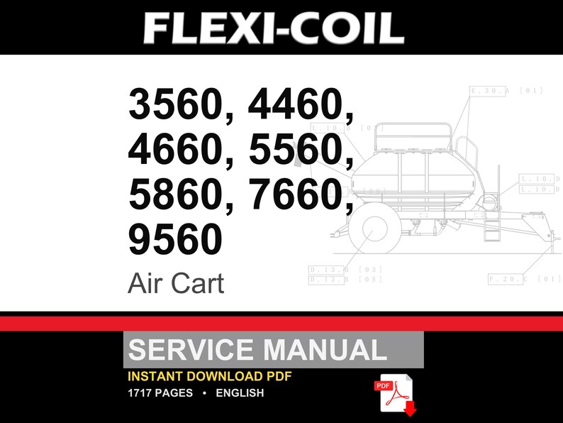 May include: A white background features the black text "FLEXI-COIL" at the top. Below, the numbers 3560, 4460, 4660, 5560, 5860, 7660, and 9560 are listed. The words "Air Cart" appear below the numbers. The bottom section reads "SERVICE MANUAL" and "INSTANT DOWNLOAD PDF".
