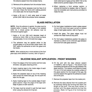 May include: A printed page with instructions for glass replacement, including preparation, glass installation, and silicone sealant application. The text details steps for removing old sealant, applying primer, and installing new glass, with measurements in inches.