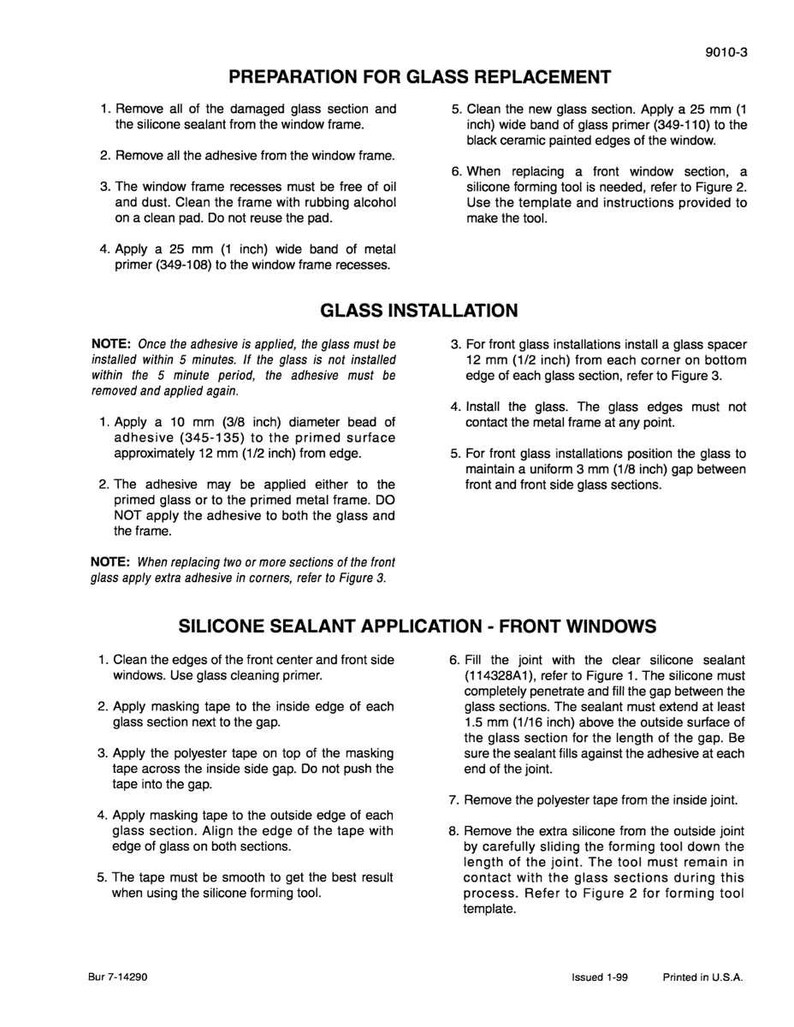 May include: A printed page with instructions for glass replacement, including preparation, glass installation, and silicone sealant application. The text details steps for removing old sealant, applying primer, and installing new glass, with measurements in inches.