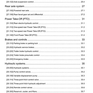 May include: A detailed page from a manual, featuring a table of contents with various mechanical system components. The text includes terms like "Powered front axle," "Rear axle system," and "Hydraulic systems." The page is white with black text.
