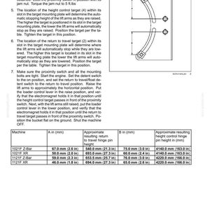 May include: Diagram of electrical systems for cab controls, including lift arm, boom, dipper, and bucket. Features measurements in inches and millimeters for various machine models, detailing hinge pin heights and target positions.