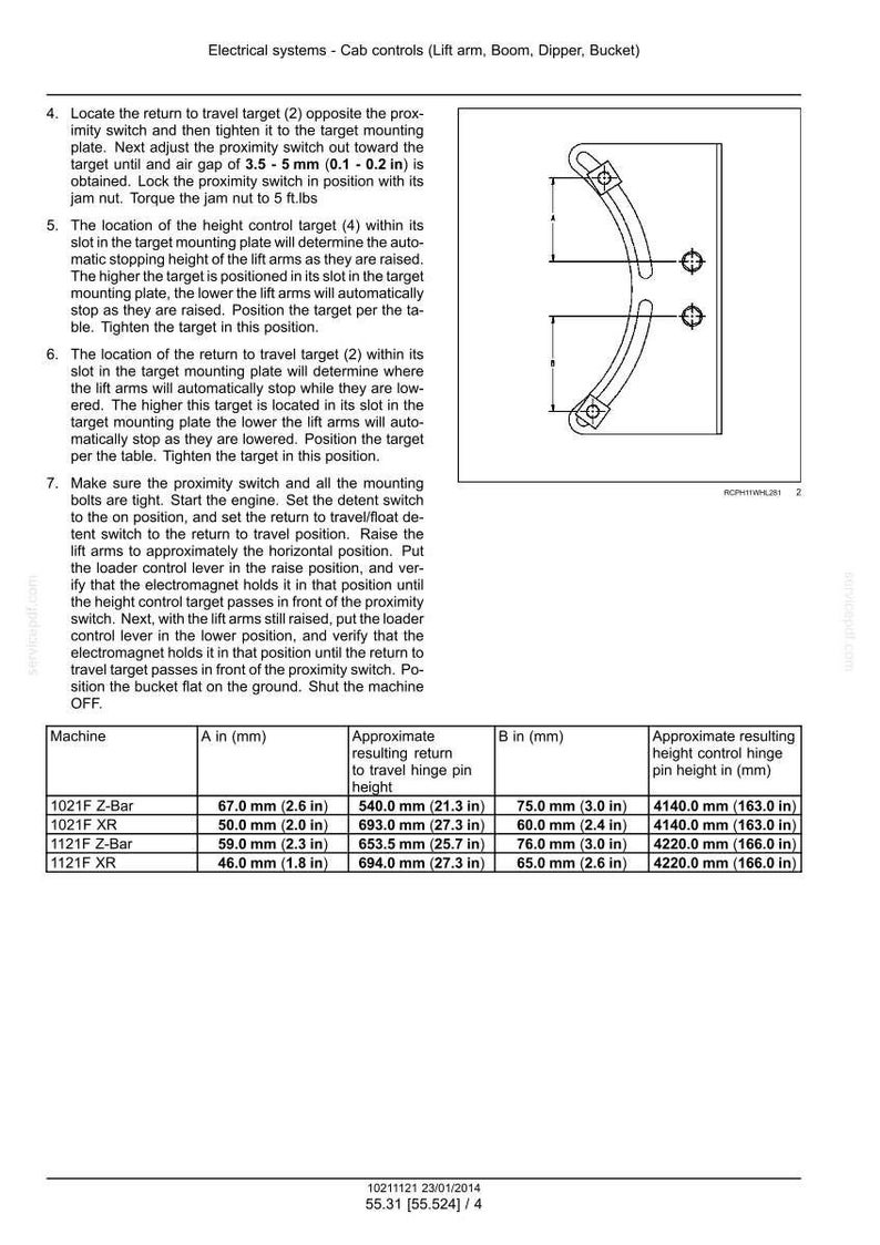 May include: Diagram of electrical systems for cab controls, including lift arm, boom, dipper, and bucket. Features measurements in inches and millimeters for various machine models, detailing hinge pin heights and target positions.