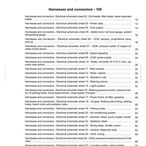 May include: Index page from a manual detailing electrical systems, specifically harnesses and connectors. The table of contents lists various electrical schematic sheets with page numbers, including power relays, fuel systems, and lighting systems.