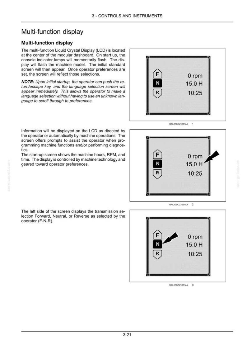 May include: Diagram of a multi-function display screen showing machine information. The screen displays RPM, hours, and time, along with transmission selection indicators (F, N, R).