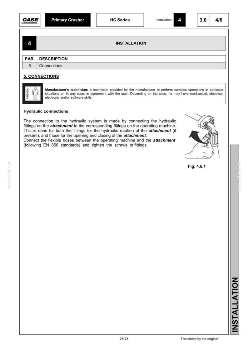 May include: A page from a manual with the CASE logo, titled "Primary Crusher" and "HC Series." It details installation instructions, including hydraulic connections, with diagrams and text. The page number is 4/6.