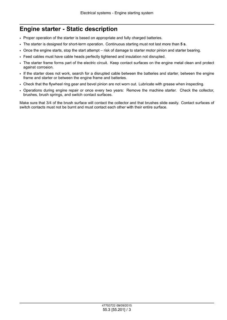 May include: A page from an electrical systems manual detailing the engine starter's static description. The text includes instructions on operation, maintenance, and troubleshooting, with bullet points and technical terms.