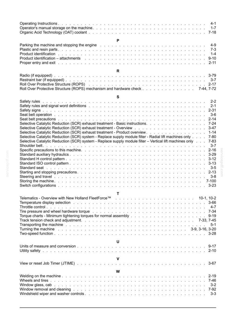 Pu&ograve; includere: Una pagina di indice in bianco e nero tratta da un manuale tecnico, che elenca argomenti da Operating Instructions a Windshield wiper and washer controls, organizzati in ordine alfabetico con i numeri di pagina a destra del documento.