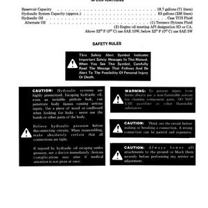 May include: A white document with black text detailing specifications and safety rules. Includes reservoir capacity, hydraulic system capacity, and warnings about hydraulic oil and circuit connections. Safety alert symbols are present.