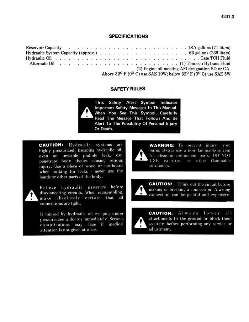 May include: A white document with black text detailing specifications and safety rules. Includes reservoir capacity, hydraulic system capacity, and warnings about hydraulic oil and circuit connections. Safety alert symbols are present.