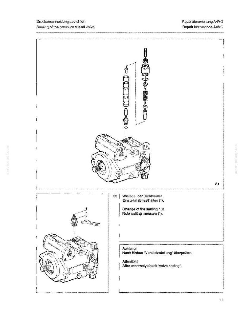 May include: Diagram of a pressure cut-off valve with exploded view and repair instructions. The image includes text in English and German, detailing the sealing process and assembly checks. The diagram shows various mechanical components.