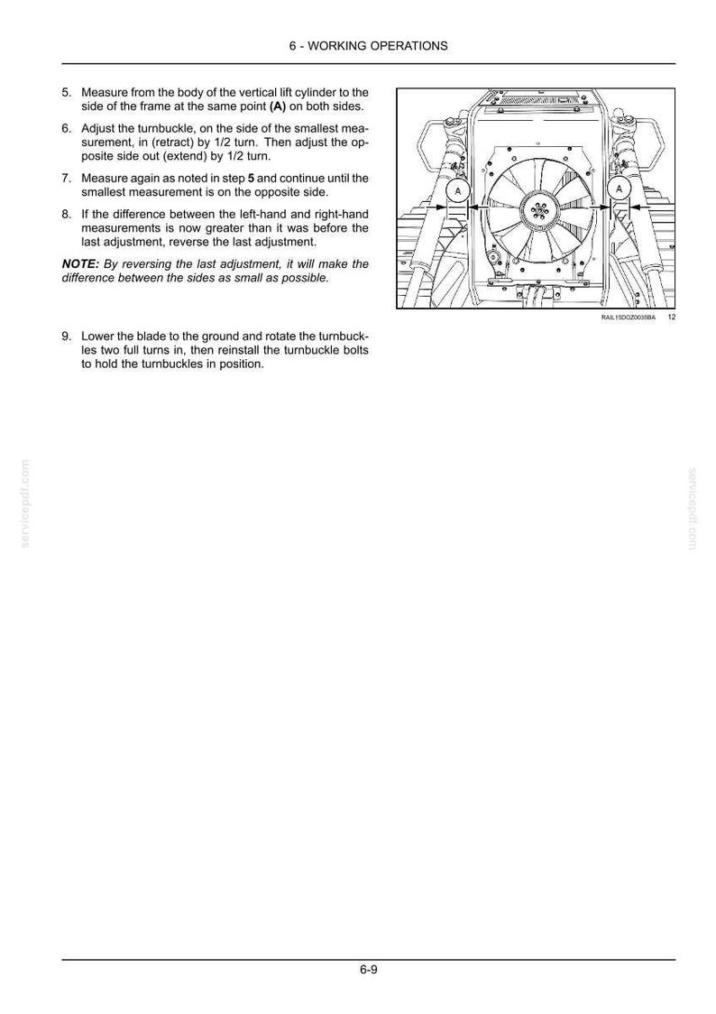 May include: A technical manual page titled 6-WORKING OPERATIONS featuring instructions for adjusting a lift cylinder and turnbuckle. It includes a black and white line drawing of machinery components labeled A, with text detailing measurement and adjustment steps.
