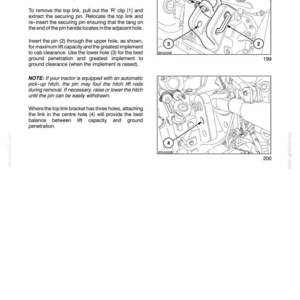 May include: A technical manual page titled SECTION 3 - FIELD OPERATIONS, detailing the Top Link Bracket. It includes two black and white line drawings of tractor components labeled with numbers 1 through 4, explaining how to remove and insert pins.