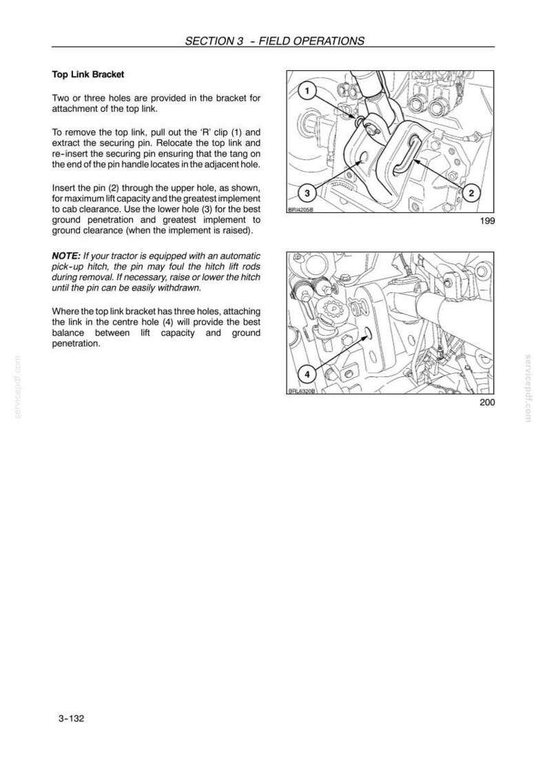 May include: A technical manual page titled SECTION 3 - FIELD OPERATIONS, detailing the Top Link Bracket. It includes two black and white line drawings of tractor components labeled with numbers 1 through 4, explaining how to remove and insert pins.