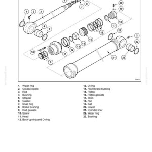 May include: An exploded diagram of a front attachment assembly, labeled "SECTION 06 - FRONT ATTACHMENT." The black and white illustration shows various parts including rings, bushings, a rod, and a cylinder liner, with numbered callouts.