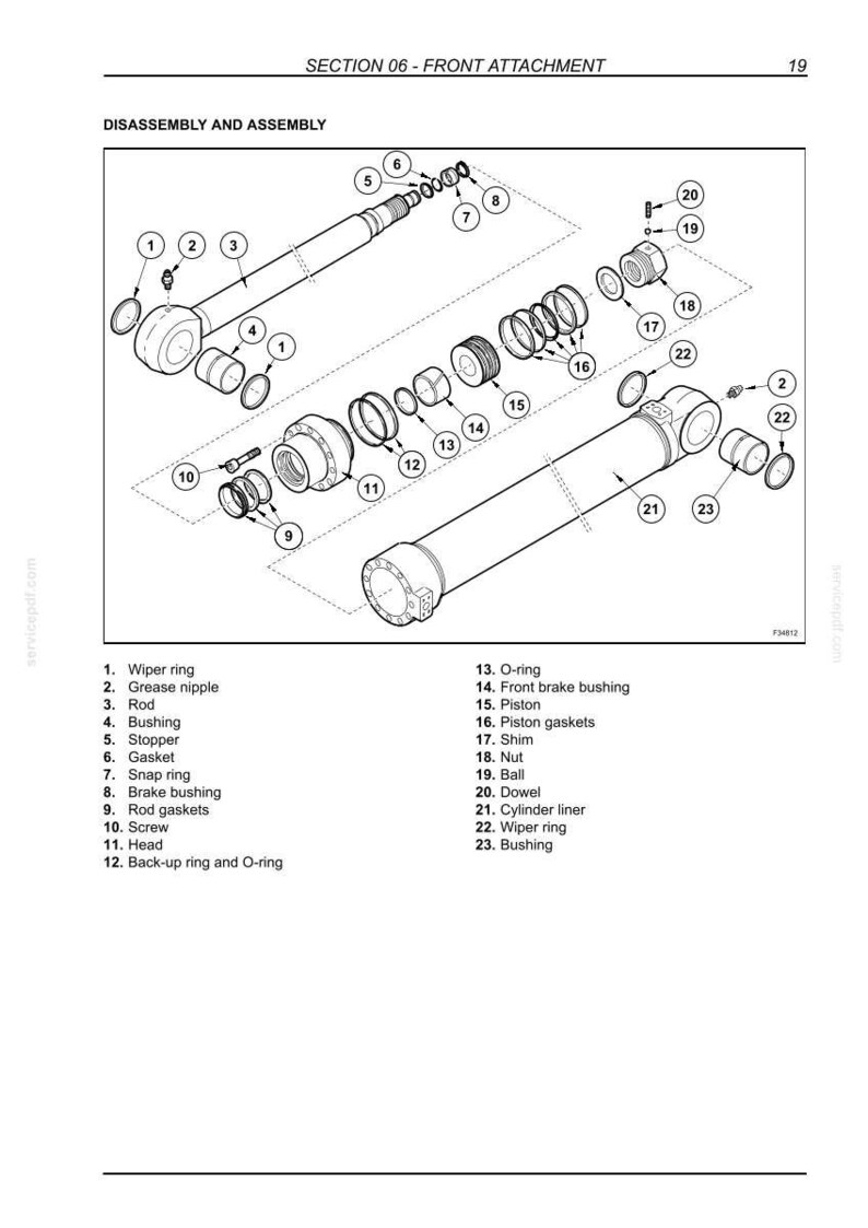 May include: An exploded diagram of a front attachment assembly, labeled "SECTION 06 - FRONT ATTACHMENT." The black and white illustration shows various parts including rings, bushings, a rod, and a cylinder liner, with numbered callouts.