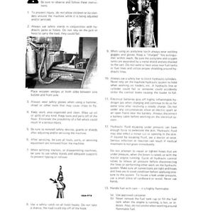 May include: A black and white safety manual page with the title "WORK SAFELY - FOLLOW THESE RULES". The page contains safety instructions and warnings for machinery operation, including illustrations and diagrams.