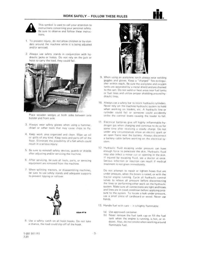 May include: A black and white safety manual page with the title "WORK SAFELY - FOLLOW THESE RULES". The page contains safety instructions and warnings for machinery operation, including illustrations and diagrams.