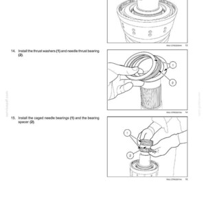 May include: Diagram of continuously variable transmission (CVT) internal components. The image shows steps for installing thrust washers, needle thrust bearings, caged needle bearings, and bearing spacers. Text includes instructions and part numbers.