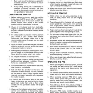 Pu&ograve; includere: Documento in bianco e nero con testo che descrive il funzionamento, la sicurezza e la manutenzione del trattore. Le sezioni riguardano informazioni generali, funzionamento del trattore, guida del trattore e funzionamento della presa di forza. Il documento include avvertenze di sicurezza.