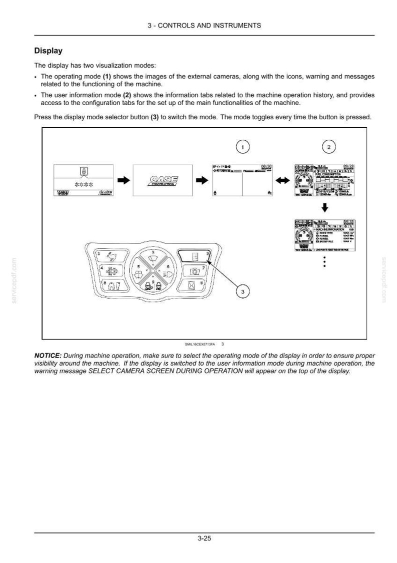 May include: Diagram of a machine display with two visualization modes. The operating mode shows external camera images, while the user information mode displays operation history. A button (3) switches between modes. The display includes the "CASE CONSTRUCTION" logo.