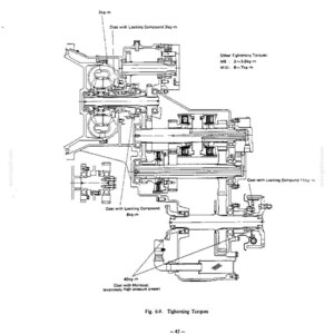 Pode incluir: Um desenho t&eacute;cnico em preto e branco ilustrando torques de aperto mec&acirc;nicos para se&ccedil;&otilde;es individuais. O diagrama inclui etiquetas para composto de travamento, valores de torque em kg-m e instru&ccedil;&otilde;es para lubrificar as partes roscadas.