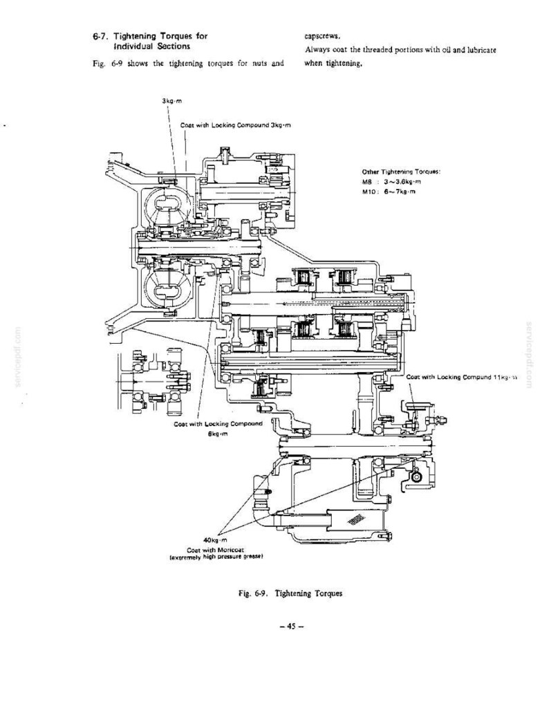 Pode incluir: Um desenho t&eacute;cnico em preto e branco ilustrando torques de aperto mec&acirc;nicos para se&ccedil;&otilde;es individuais. O diagrama inclui etiquetas para composto de travamento, valores de torque em kg-m e instru&ccedil;&otilde;es para lubrificar as partes roscadas.