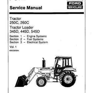 May include: A Ford Service Manual for tractors and tractor loaders. The manual includes information on engine, fuel, and electrical systems. The image also features a line drawing of a tractor.