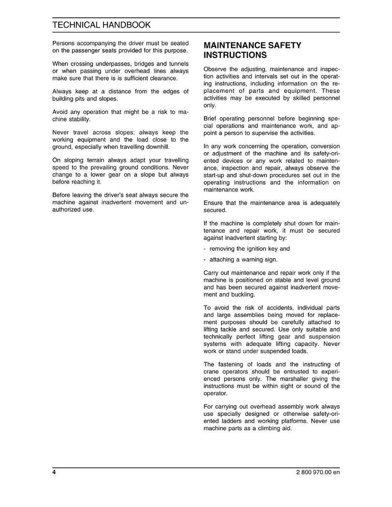 Puede incluir: Una p&aacute;gina de un manual t&eacute;cnico titulada "TECHNICAL HANDBOOK". El texto proporciona instrucciones de seguridad de mantenimiento, incluyendo la seguridad de la m&aacute;quina y la observaci&oacute;n de los procedimientos de seguridad.