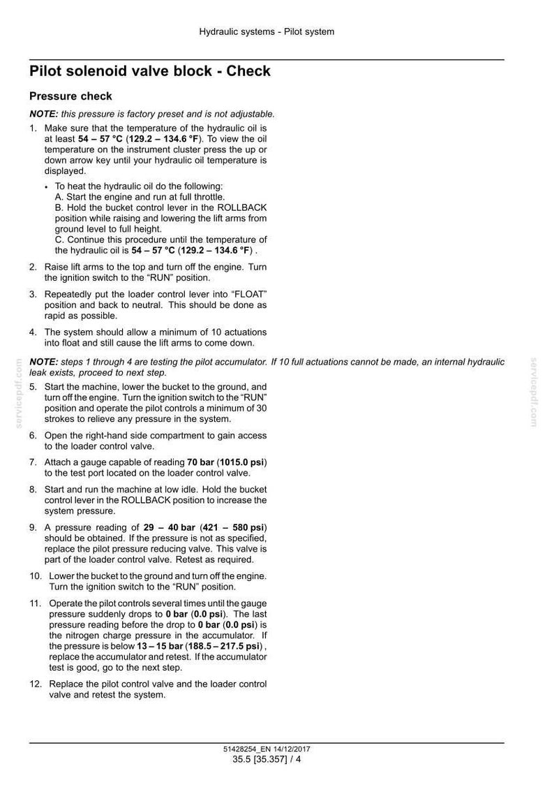 May include: A technical document detailing procedures for checking a pilot solenoid valve block. Instructions include steps for pressure checks, temperature monitoring, and valve operation, with measurements in psi and Fahrenheit.