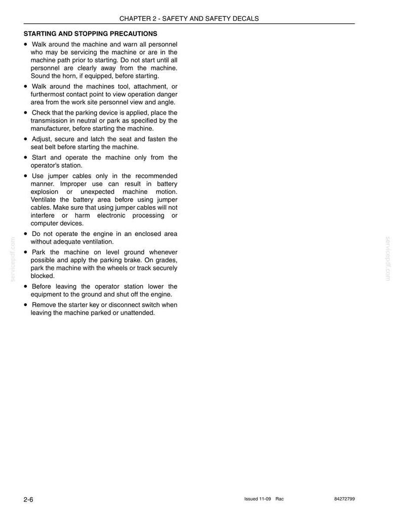 May include: A page from a manual with the title "CHAPTER 2 - SAFETY AND SAFETY DECALS". The text provides safety precautions for starting and stopping machinery, including warnings about personnel, horn use, and parking procedures. The page includes the number 2-6 and the date Issued 11-09 Rac.