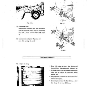 Puede incluir: Una p&aacute;gina de manual de mantenimiento t&eacute;cnico con diagramas en blanco y negro de componentes de maquinaria, incluyendo enlaces de cuchara, pasadores de pluma, juntas universales y un eje de transmisi&oacute;n, con instrucciones de lubricaci&oacute;n.