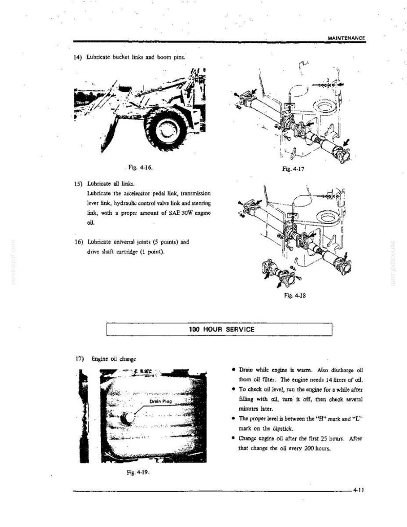 Puede incluir: Una p&aacute;gina de manual de mantenimiento t&eacute;cnico con diagramas en blanco y negro de componentes de maquinaria, incluyendo enlaces de cuchara, pasadores de pluma, juntas universales y un eje de transmisi&oacute;n, con instrucciones de lubricaci&oacute;n.