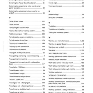 May include: A page from a manual with a table of contents. The text includes topics like "Switching the power assist", "Travel gear unit", and "Welding operations". The page has a white background with black text.