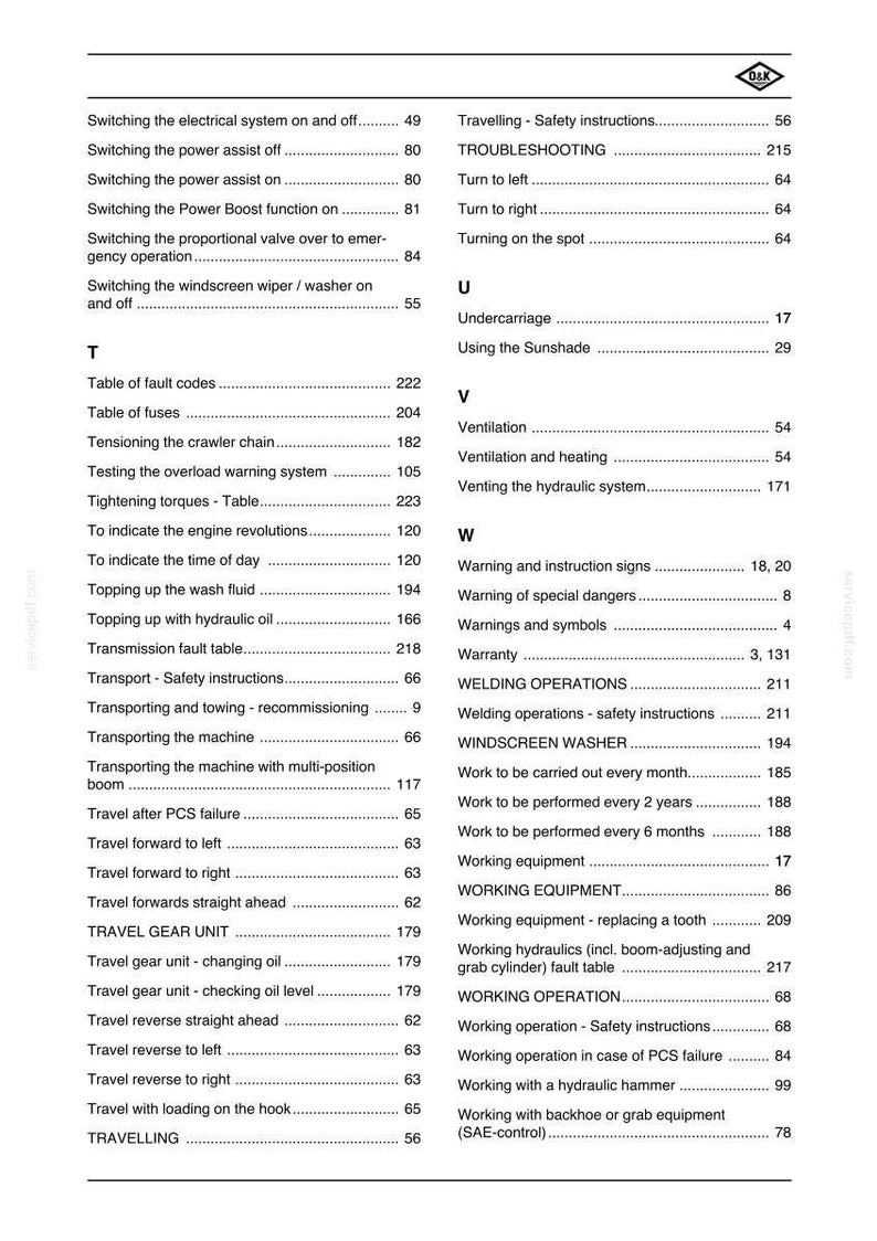 May include: A page from a manual with a table of contents. The text includes topics like "Switching the power assist", "Travel gear unit", and "Welding operations". The page has a white background with black text.