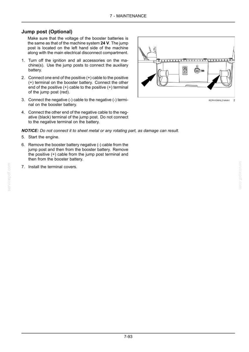 May include: A technical manual page titled 7-MAINTENANCE featuring instructions for an optional jump post. It includes a black and white line drawing of the jump post assembly with arrows pointing to connection points and numbered steps for use.