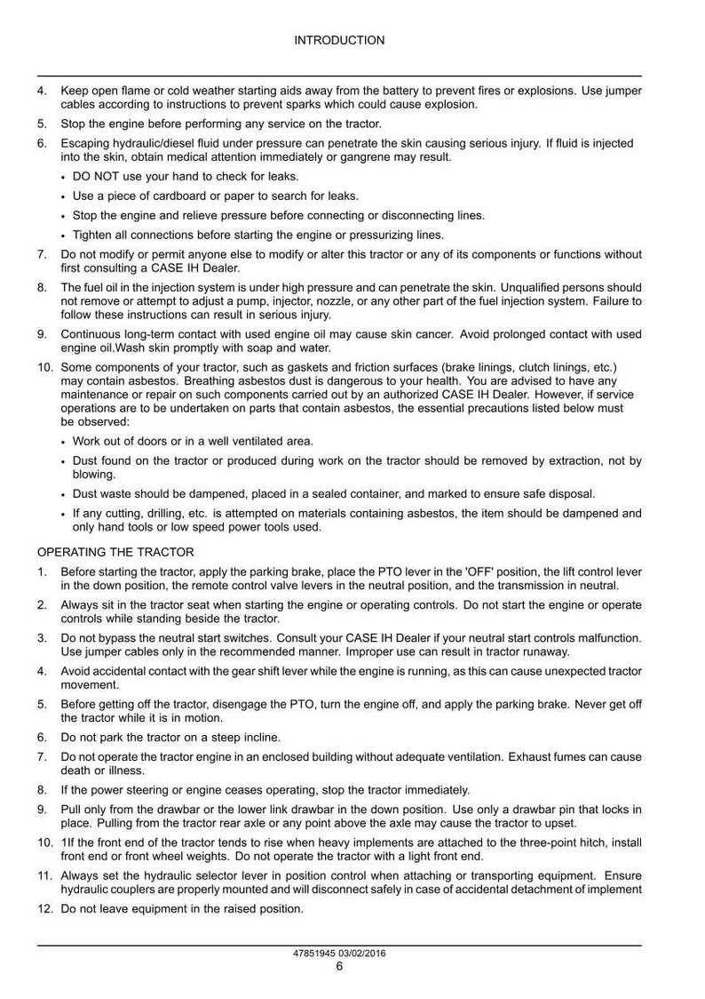 Może przedstawiać: Strona z instrukcji zatytułowana "INTRODUCTION" z instrukcjami bezpieczeństwa dotyczącymi obsługi ciągnika. Zawiera szczeg&oacute;łowe informacje na temat środk&oacute;w ostrożności dotyczących płyn&oacute;w, azbestu i uruchamiania silnika.