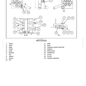 May include: Diagram of a hydraulic hand control system, featuring detailed illustrations of valve structure components. Includes labels for parts like plates, levers, and pins, with measurements in inches.