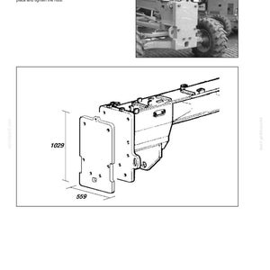 May include: Black and white diagram of a counterweight assembly. The diagram includes a front plate with dimensions of 559 mm wide and 1029 mm high. The text "COUNTERWEIGHTG" is at the top.