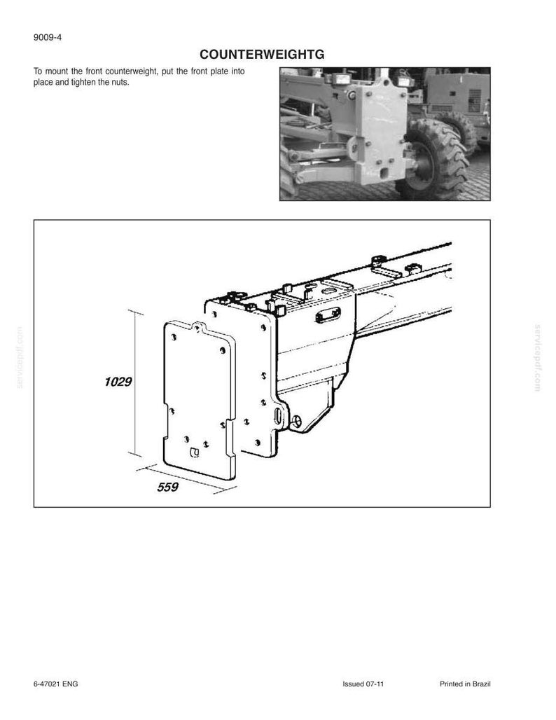 May include: Black and white diagram of a counterweight assembly. The diagram includes a front plate with dimensions of 559 mm wide and 1029 mm high. The text "COUNTERWEIGHTG" is at the top.