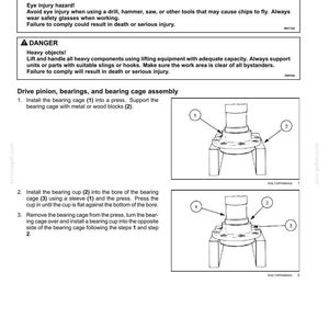 May include: Diagram of a rear axle system assembly, detailing the installation of bearing cages and cups. Includes warnings about eye injury and heavy objects. Instructions are provided with numbered steps and labeled components.