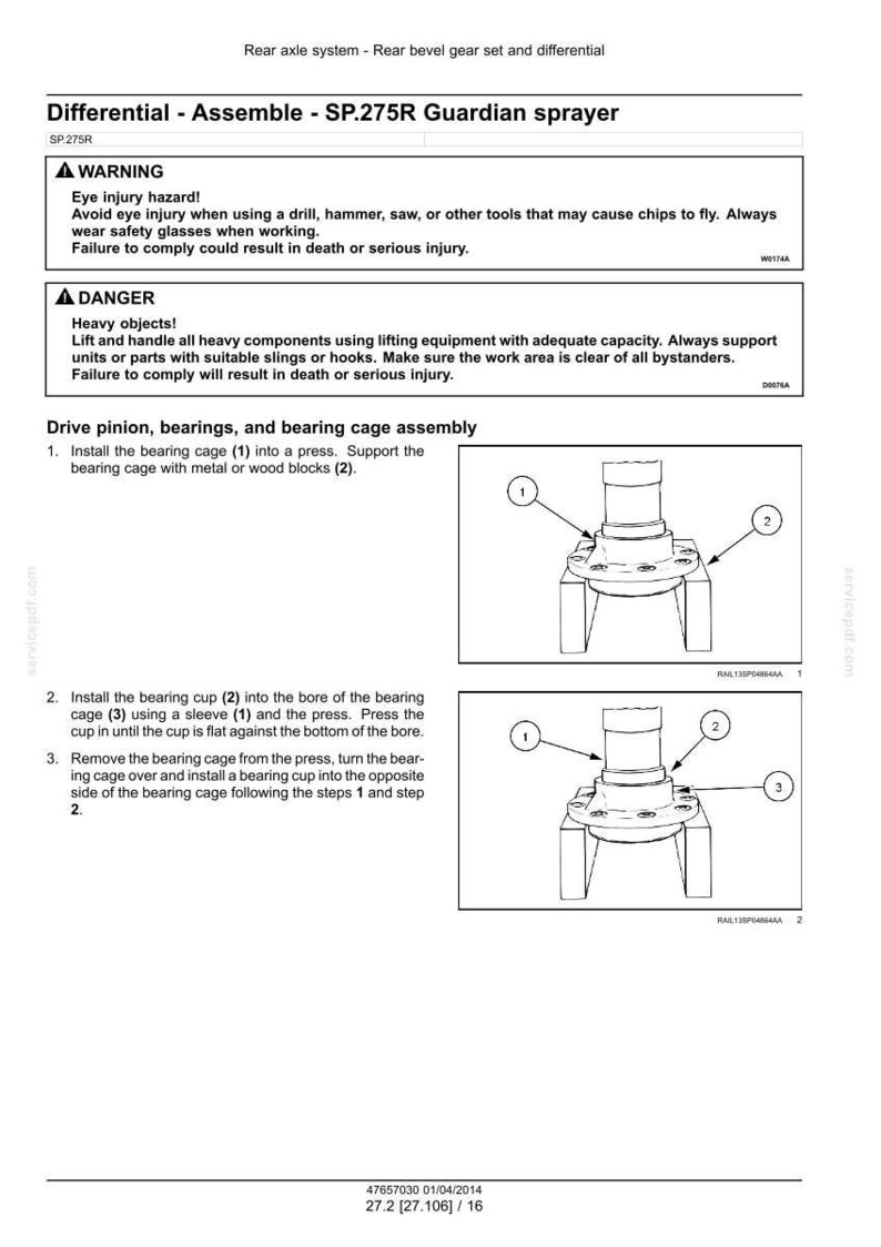 May include: Diagram of a rear axle system assembly, detailing the installation of bearing cages and cups. Includes warnings about eye injury and heavy objects. Instructions are provided with numbered steps and labeled components.