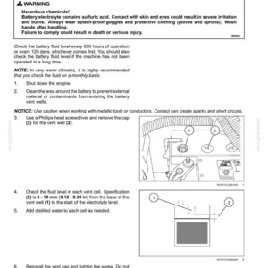 May include: Diagram illustrating battery maintenance procedures. Instructions include checking fluid levels, adding distilled water, and reinstalling vent caps. Specifications are provided in inches.