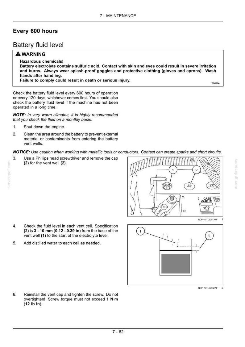 May include: Diagram illustrating battery maintenance procedures. Instructions include checking fluid levels, adding distilled water, and reinstalling vent caps. Specifications are provided in inches.