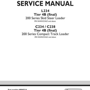 May include: A white service manual cover with black text. The title "SERVICE MANUAL" is at the top. Below are model numbers L234 and C234/C238, with descriptions for Skid Steer and Compact Track Loaders. The New Holland Construction logo is at the bottom.