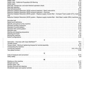 May include: A white document page with a table of contents, listing various topics related to machinery maintenance and operation. The text includes safety rules, seat belt information, and technical terms. The document is for informational purposes.